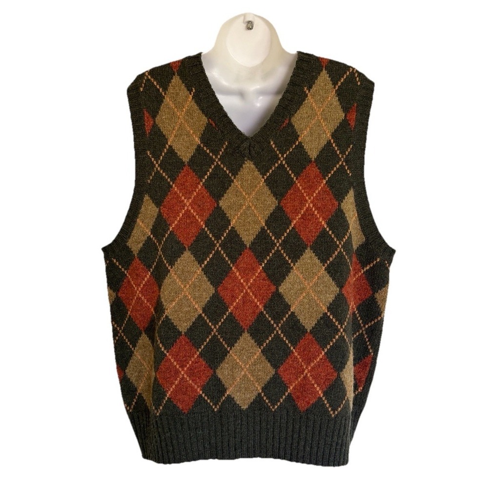Ben Silver Charleston 100% Wool Sweater Vest Men' s L Olive Green Argyle